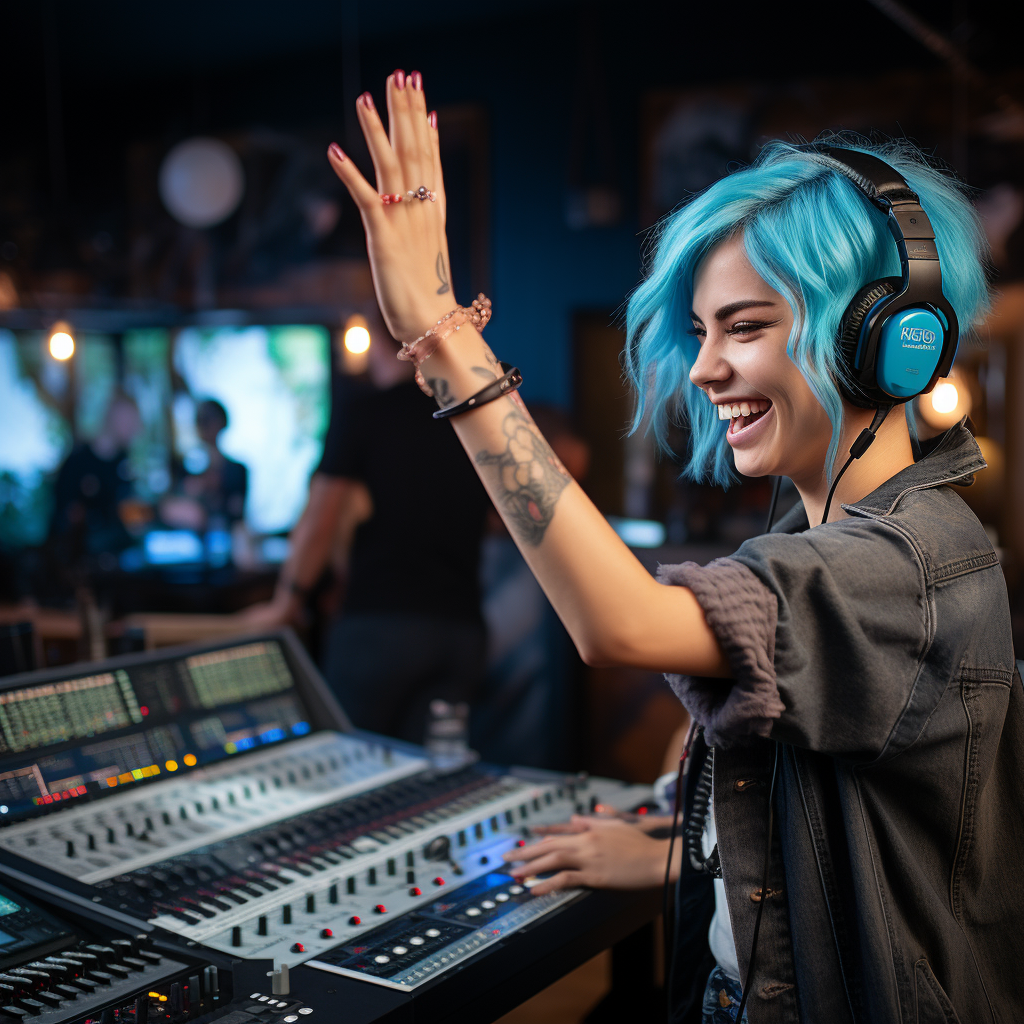 Female music producer smiling because of successful music publishing